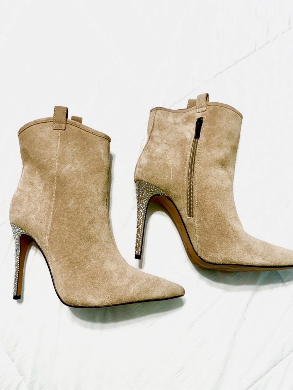 Karl Lagerfeld Taupe Suede Pointed-Toe Ankle Booties with Rhinestone Heel Size 7